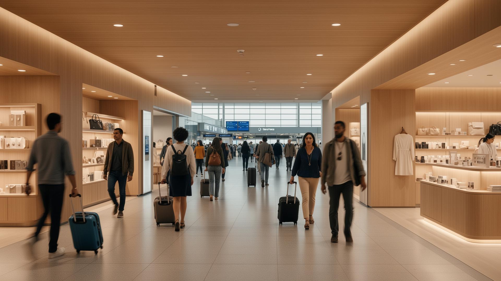Modern airport terminal retail environment with travelers